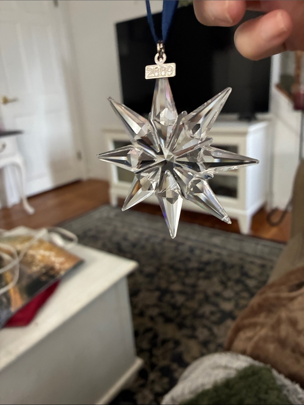 Swarovski Clear Crystal Star Ornament with Blue Ribbon 2009